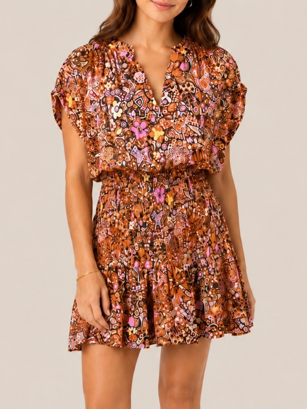 A.L.C Silk Floral Smocked Mini Dress Pink Orange Boho Size 4